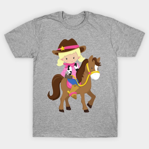 Cowgirl, Sheriff, Horse, Western, Blonde Hair T-Shirt by Jelena Dunčević